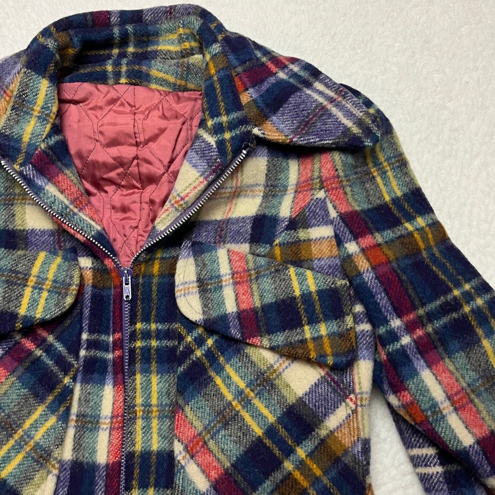 Junior Gallery Jacket Womens Plaid Wool Vintage 70s Zip Up‎ Quilted FLAWED Small